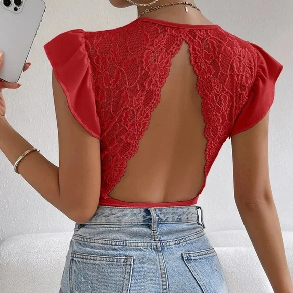 Boho Floral Lace Ruffle Sleeve Open Back Bodysuit - Picture 2 of 11